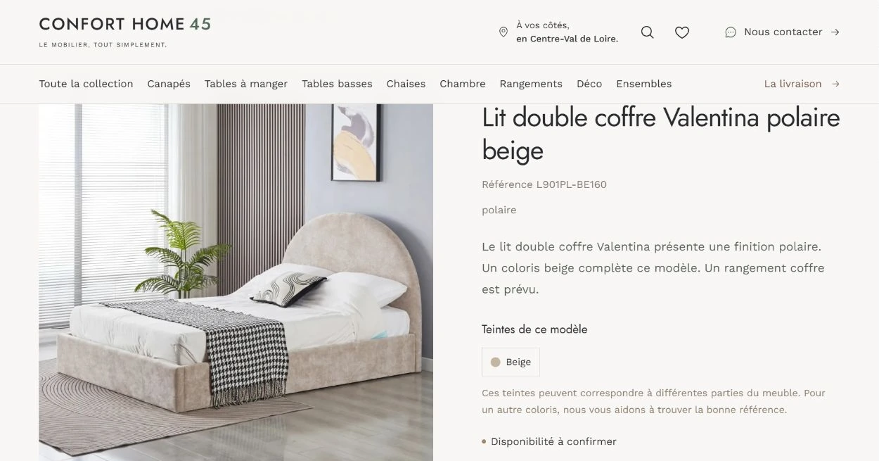 Fiche du lit coffre Valentina beige, avec visuel, description et teinte sur Confort Home 45.